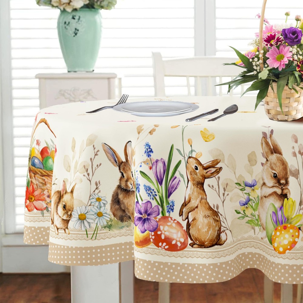 Oval Easter Tablecloth 60x84Inch, Spring Floral and Bunny Easter Egg Watercol...