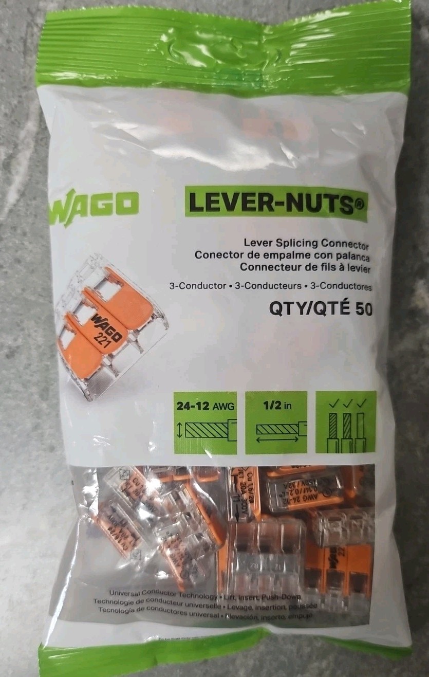 WAGO 221-413 Lever-Nuts 3-Conductor Splicing Connectors, 12-24AWG (50-Pack)