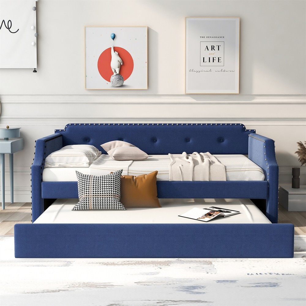 Twin Size Daybed w/ Pull Out Trundle Bed Upholstered Bed Frame Sofa Bed Blue