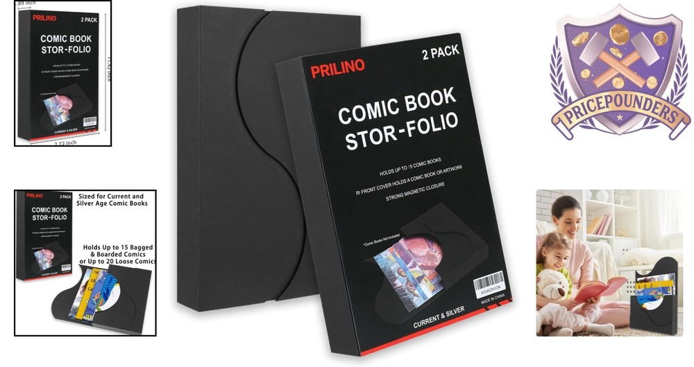 2 Pack Comic Book Storage Boxes Black Portable Durable with Magnetic Closure