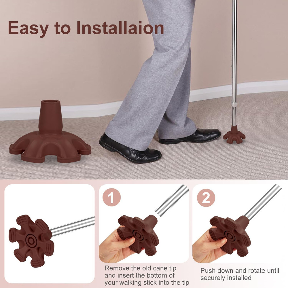 Cane Tip - Self Standing 6 Prong Support Rubber Base for Walking Stick & Cane...