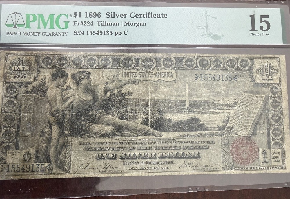 1896 $1 Educational Silver Certificate Note Choice fine 15 Grade