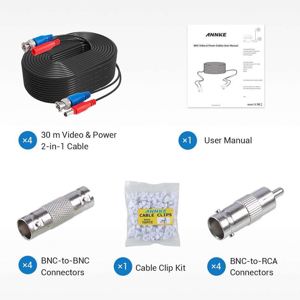 ANNKE 4x100ft Video Power BNC Cable for CCTV Security Camera System Extend Wire
