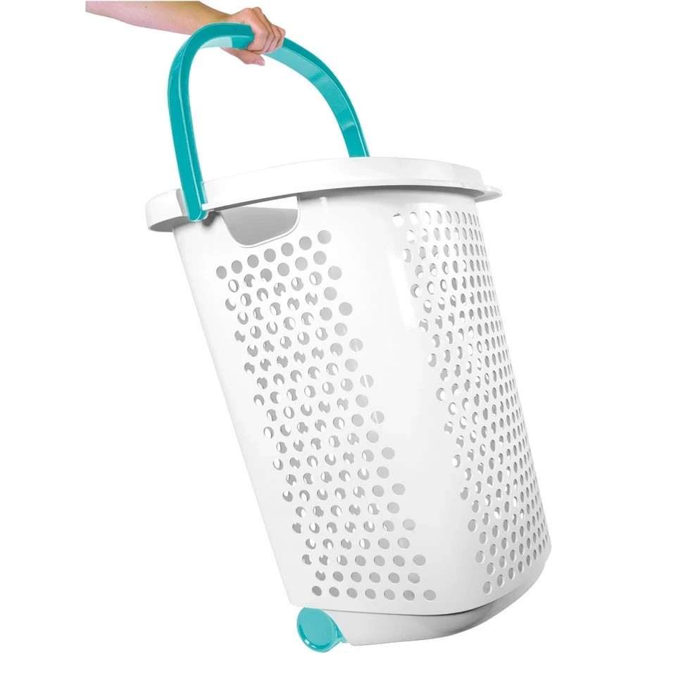 Home Logic 2 Bushel Rolling Plastic Laundry Hamper with Pop-up Handle, White