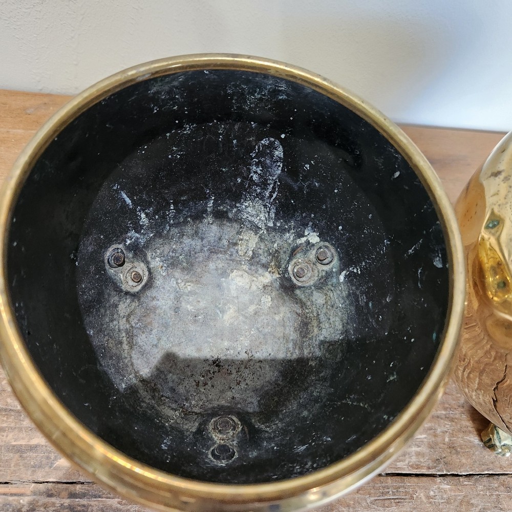 Antique Solid Brass Three Small/Medium Cache Pots on Styalised Liohead/Paw Feet