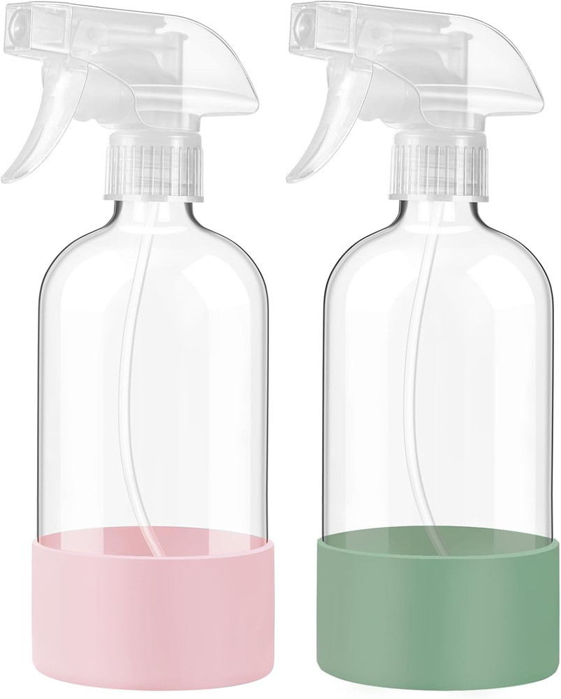 Johnbee Glass Spray Bottles with Silicone Sleeve, 2 Pack16 Oz Empty Refillable C