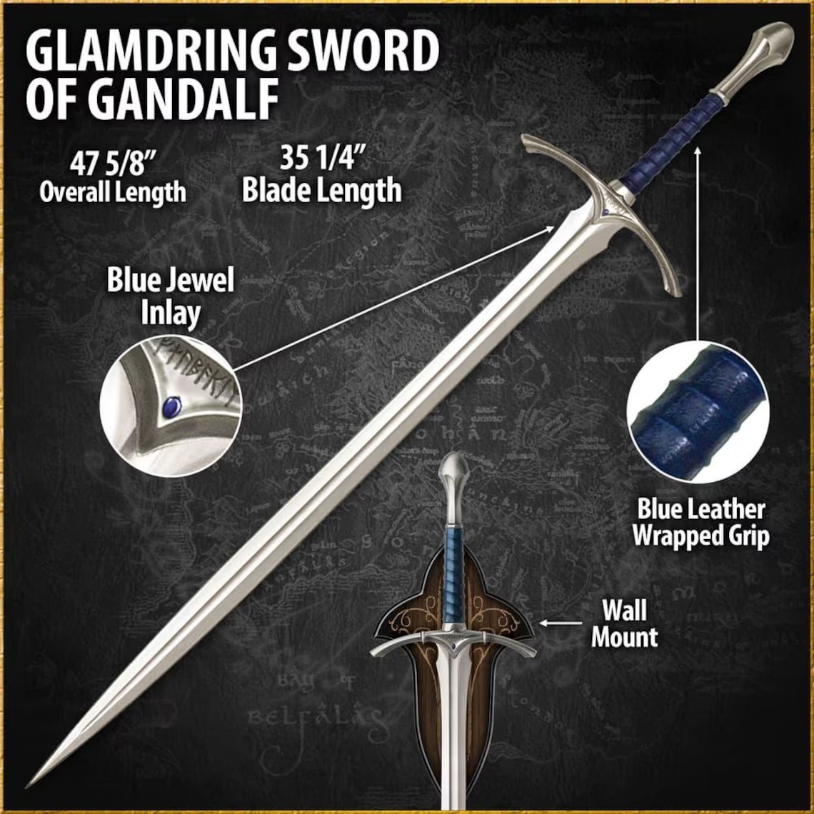 Replica Glamdring Gandalf Sword Lord of the Rings with Plaque