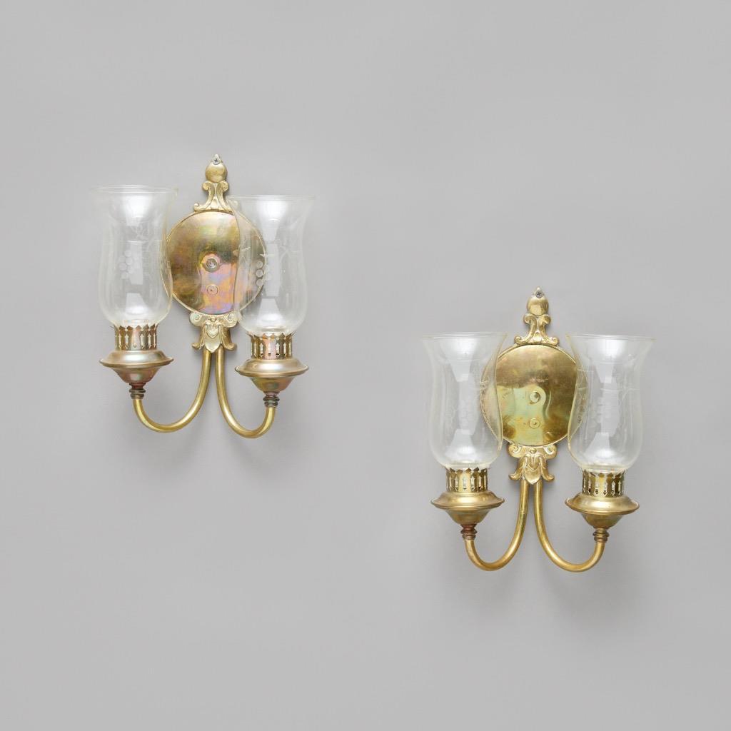 Pair Patinated Brass Etched Grape Glass Hurricane Two Armed Sconces 12.25"h