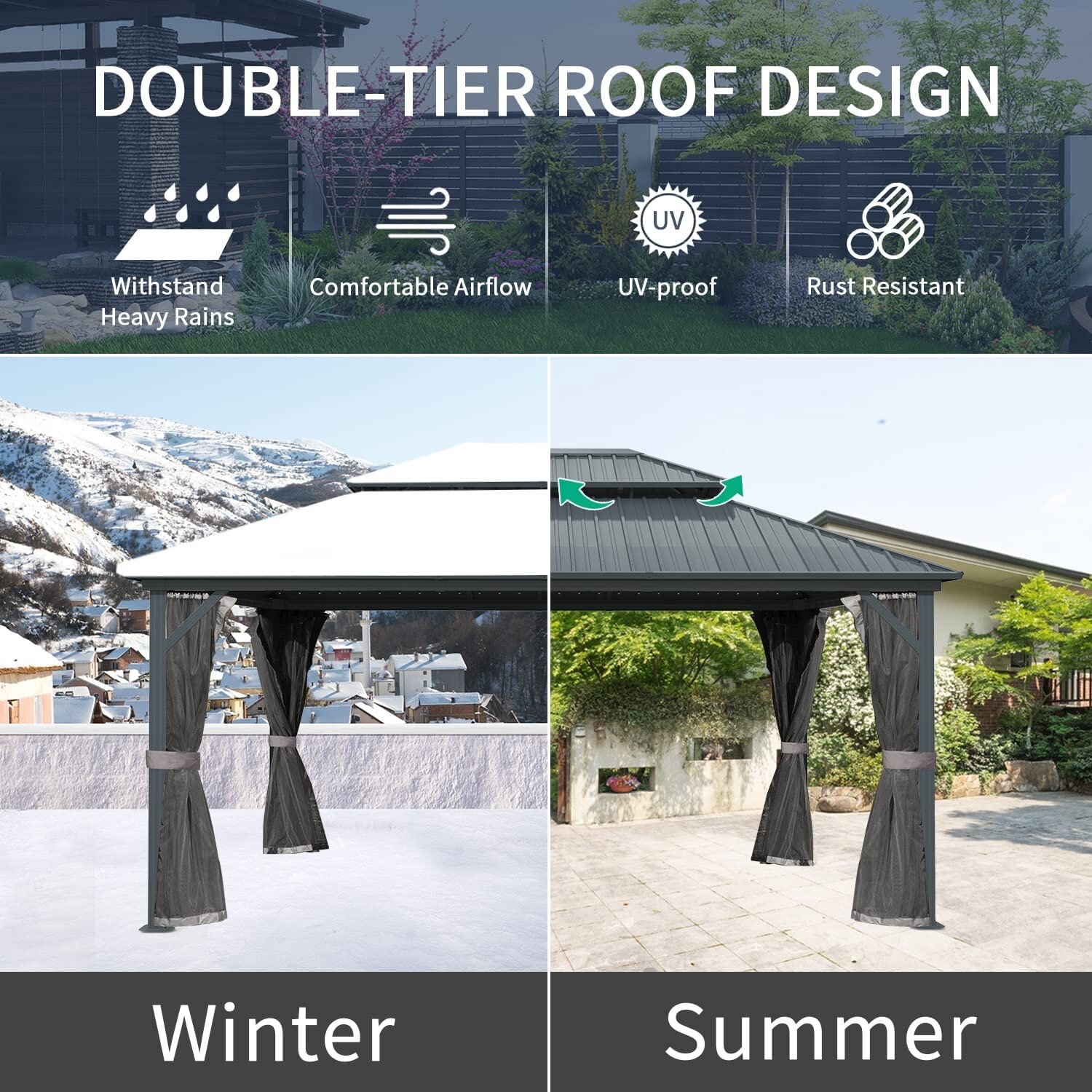 Domi 10’ x 14’ Hardtop Gazebo Outdoor Aluminum Gazebo w/Curtains and Net, Gray