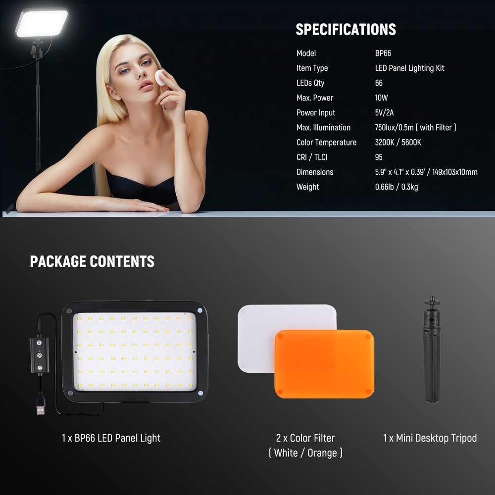 NEEWER Basics BP66D 2-Pack LED Panel Kit w/Stands for Streaming