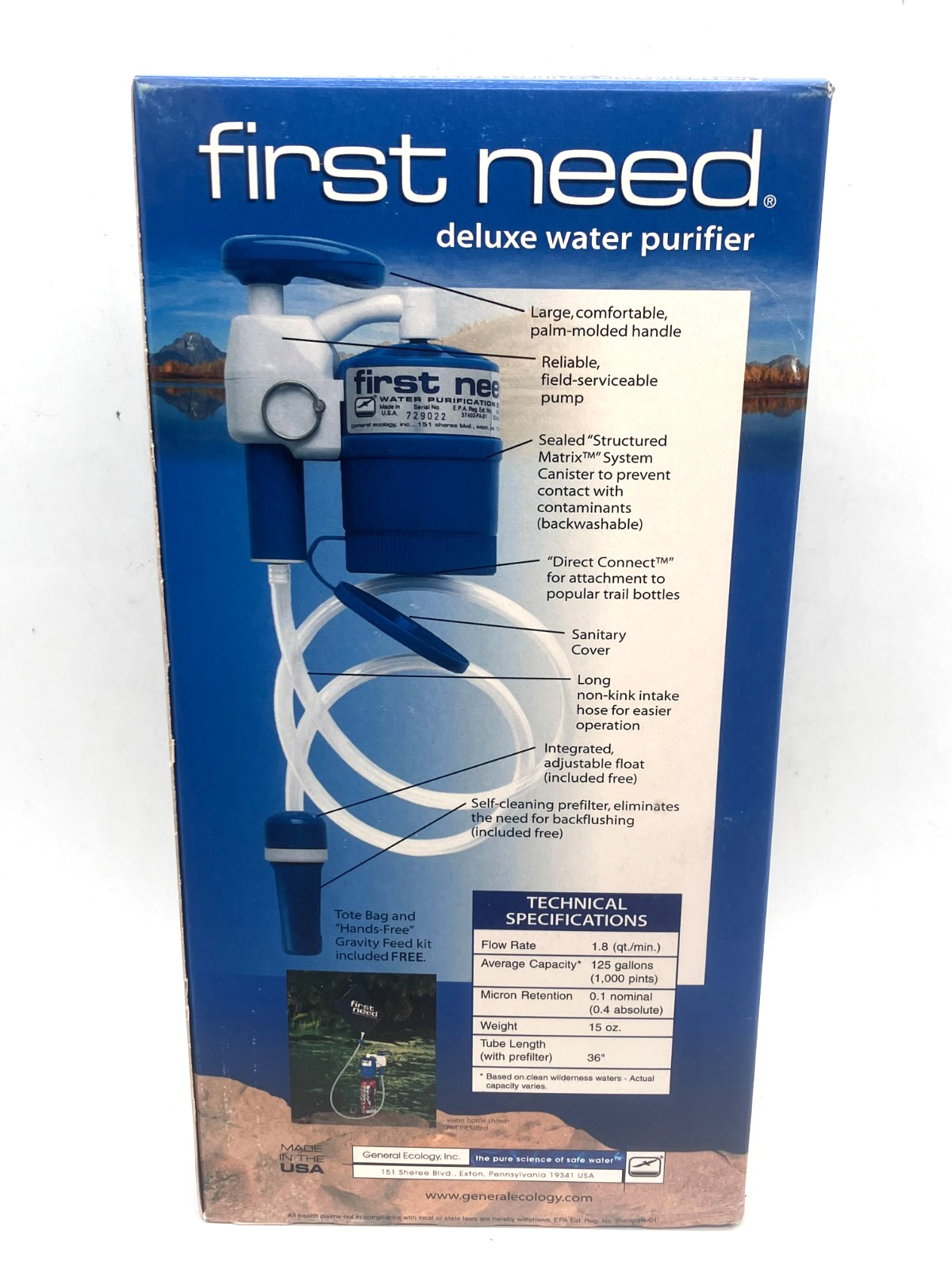 First Need General Ecology Portable Deluxe Water Purifier Made In USA NEW