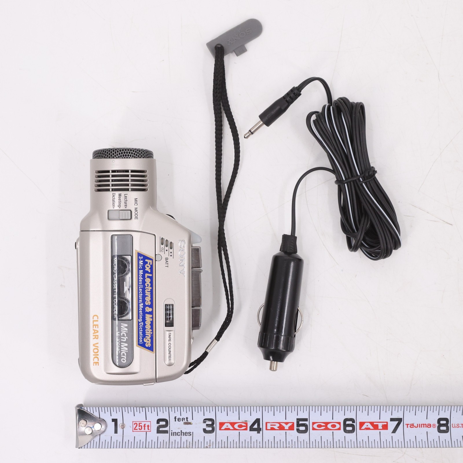 Sony M-100MC Microcassette Corder Voice Recorder Clear Voice Car Power Adapter