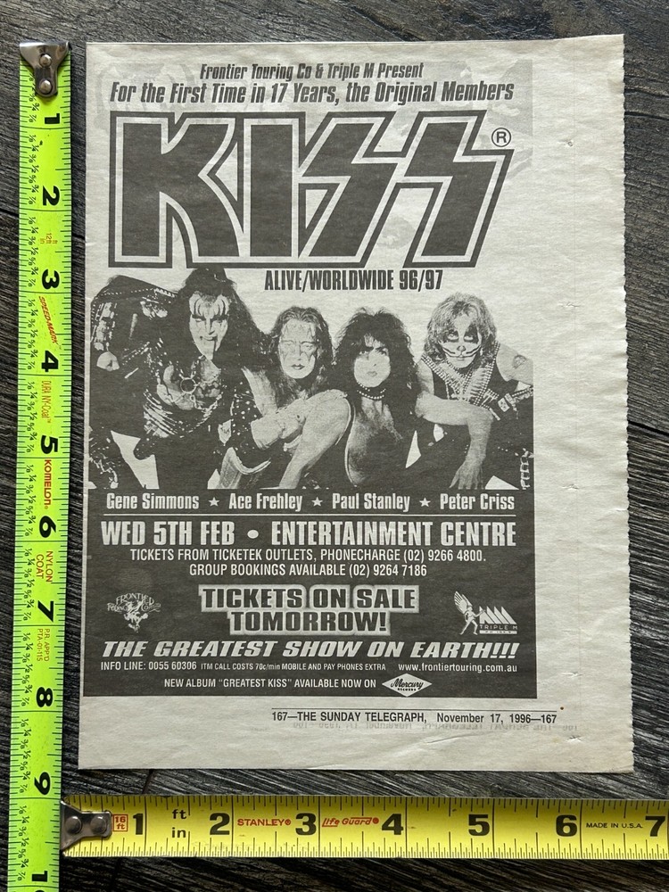 KISS Concert Ad Advert Alive Reunion Tour Sydney Australia 1997 Vintage Kiss
