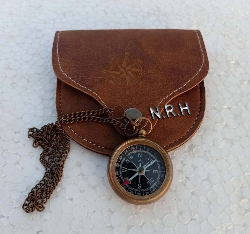 Brass Compass with Leather Case and Chain Locket Navigation