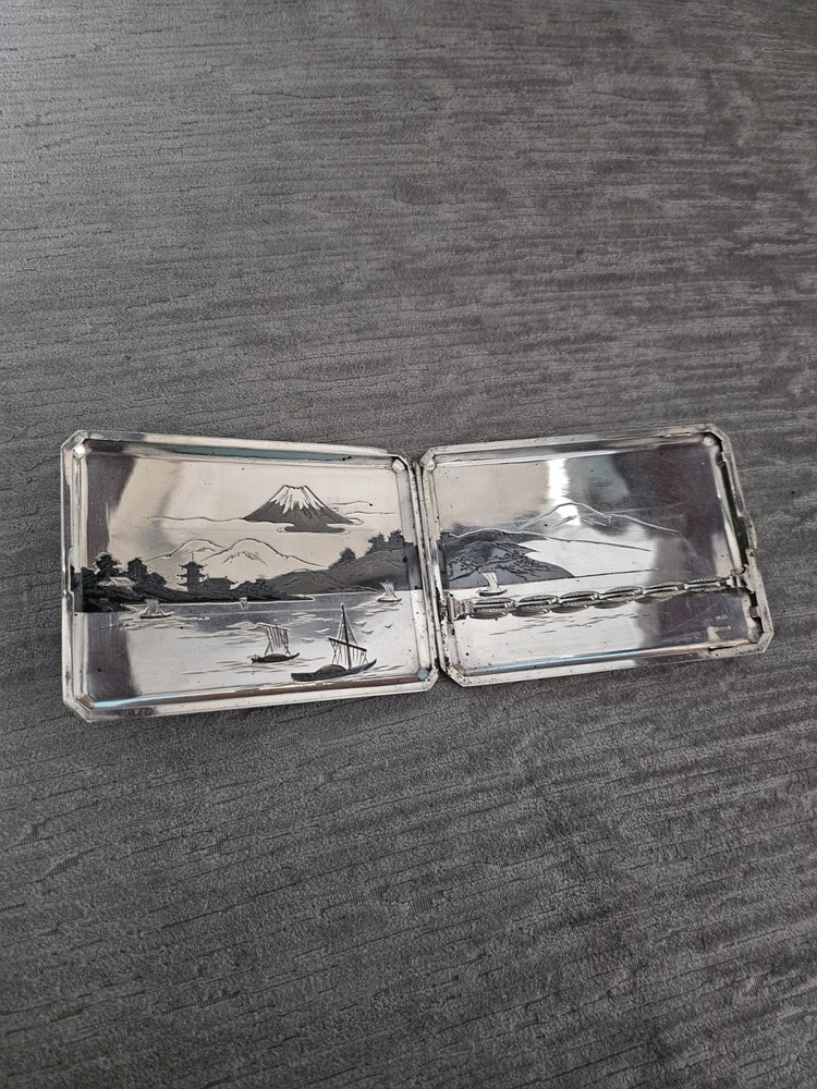 Beautiful 950 Solid Silver Japanese Niello Cigarette Case Signed & 950 Silver