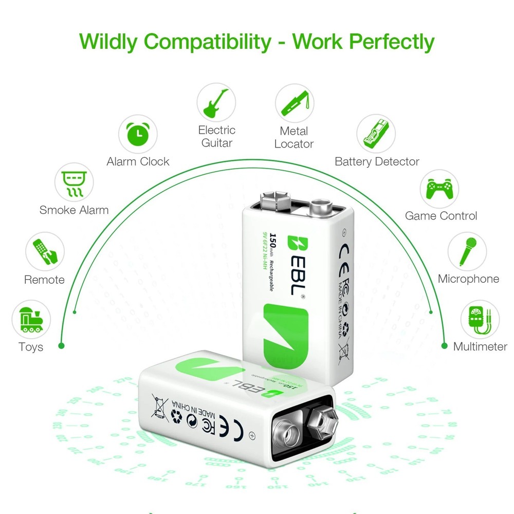 EBL 9V NIMH Rechargeable Batteries 2PCS ，2 Count,