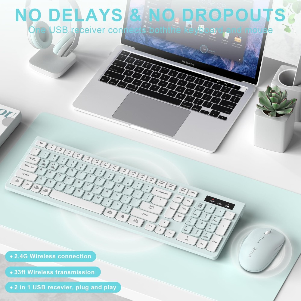 Wireless Keyboard and Mouse Combo, Full-Sized Wireless Keyboard and Adjustabl...