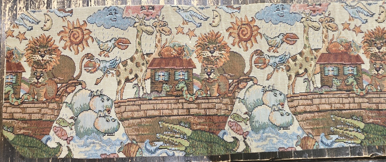 Vintage Noah's Ark Table Runner Folk Art Tapestry Country Hearts 56" x 9 3/4"