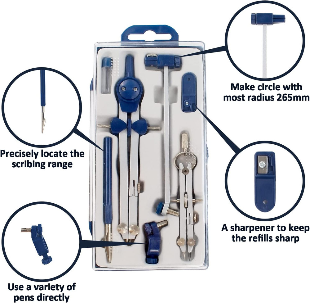7-Piece Geometry Set - Metal Compass with Wheel and Lock - Precision Drawing Com