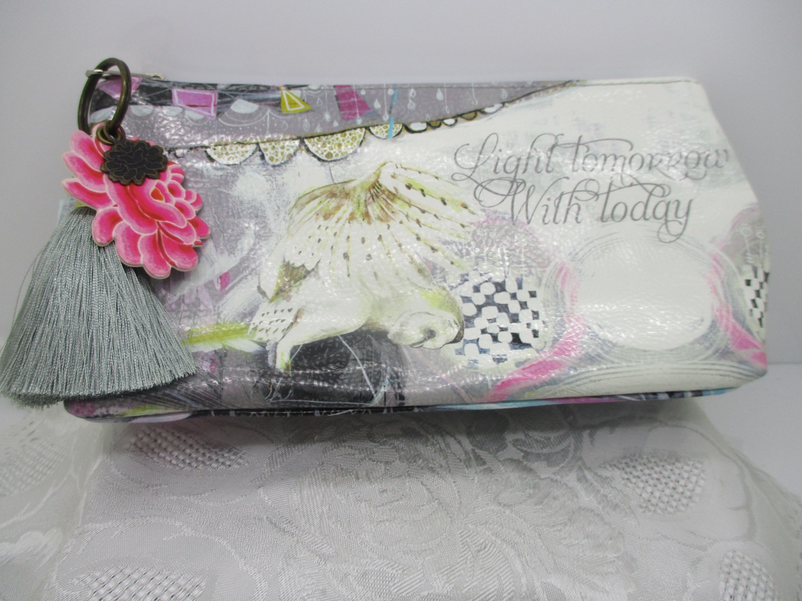 PAPAYA ART POUCH CARRY ALL MAKE UP BAG LIGHT TOMORROW WITH TODAY OWL TAGS TASSEL