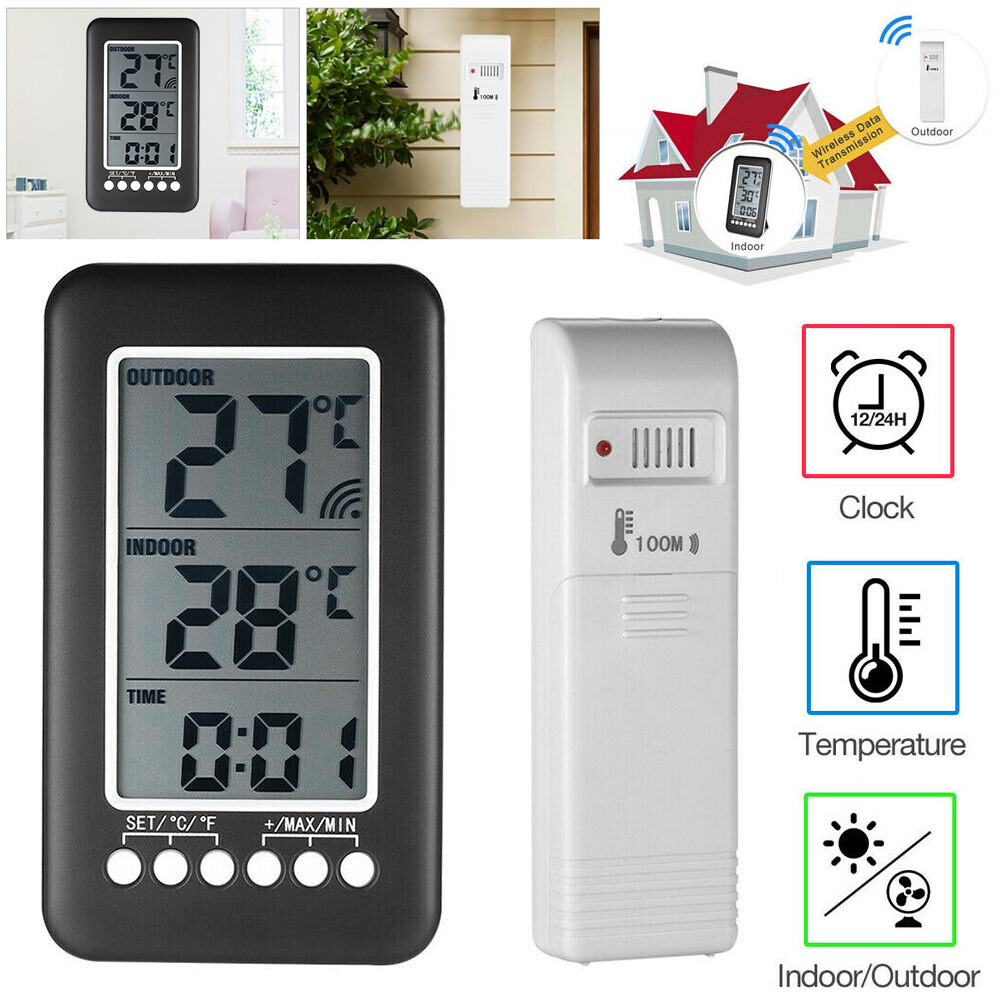 Digital Thermometer Clock Temperature Indoor/Outdoor Wireless Transmitter Meter