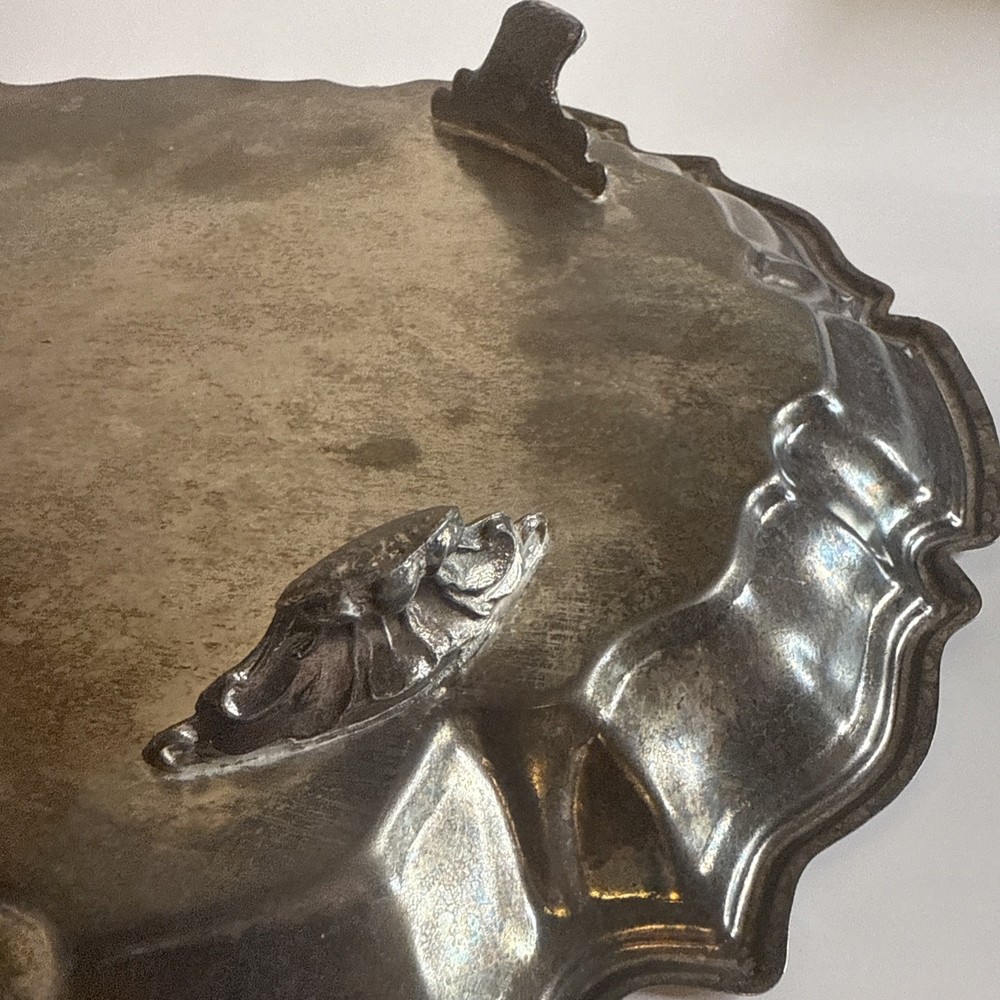 Vtg Silver Platter Tray Etched Scrollwork Footed Serving Leonard Silver