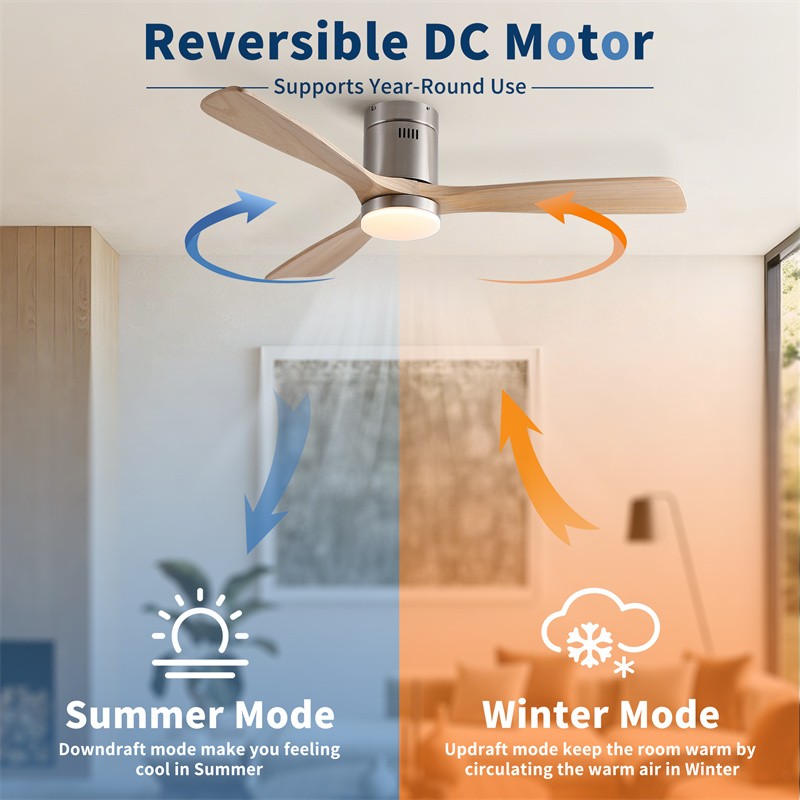 52" Modern Flush Mount Solid Wood Ceiling Fan Reversible w/Wall Switch/Remote