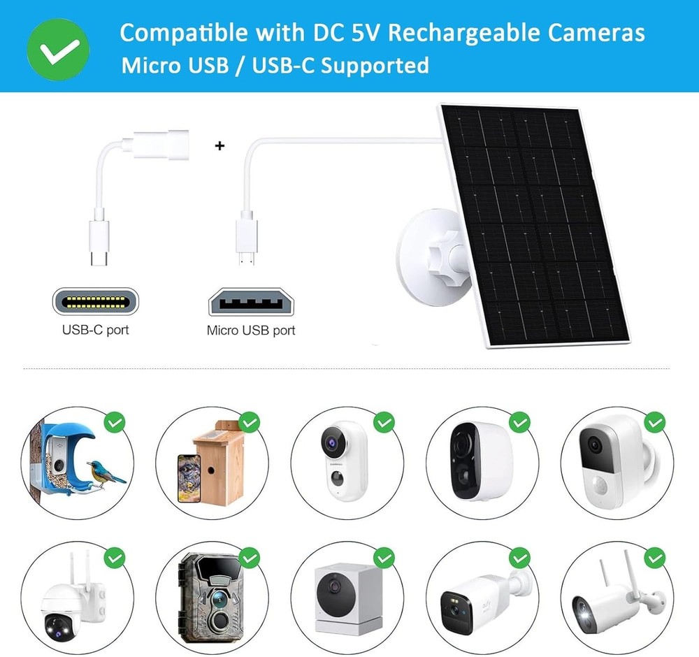 USB Solar Panel with 9.8FT Cable - Compatible & Adjustable for Security Cameras