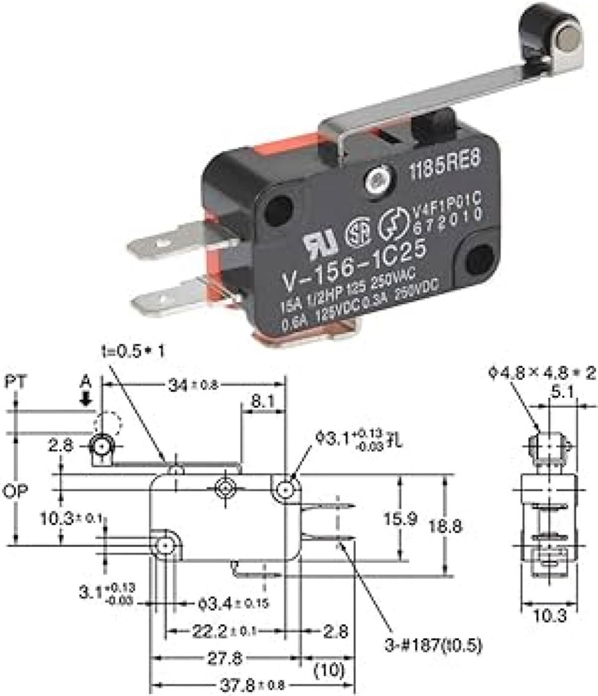 V-156-1C25 Micro Limit Switch Long Hinge Roller - 2 Pack