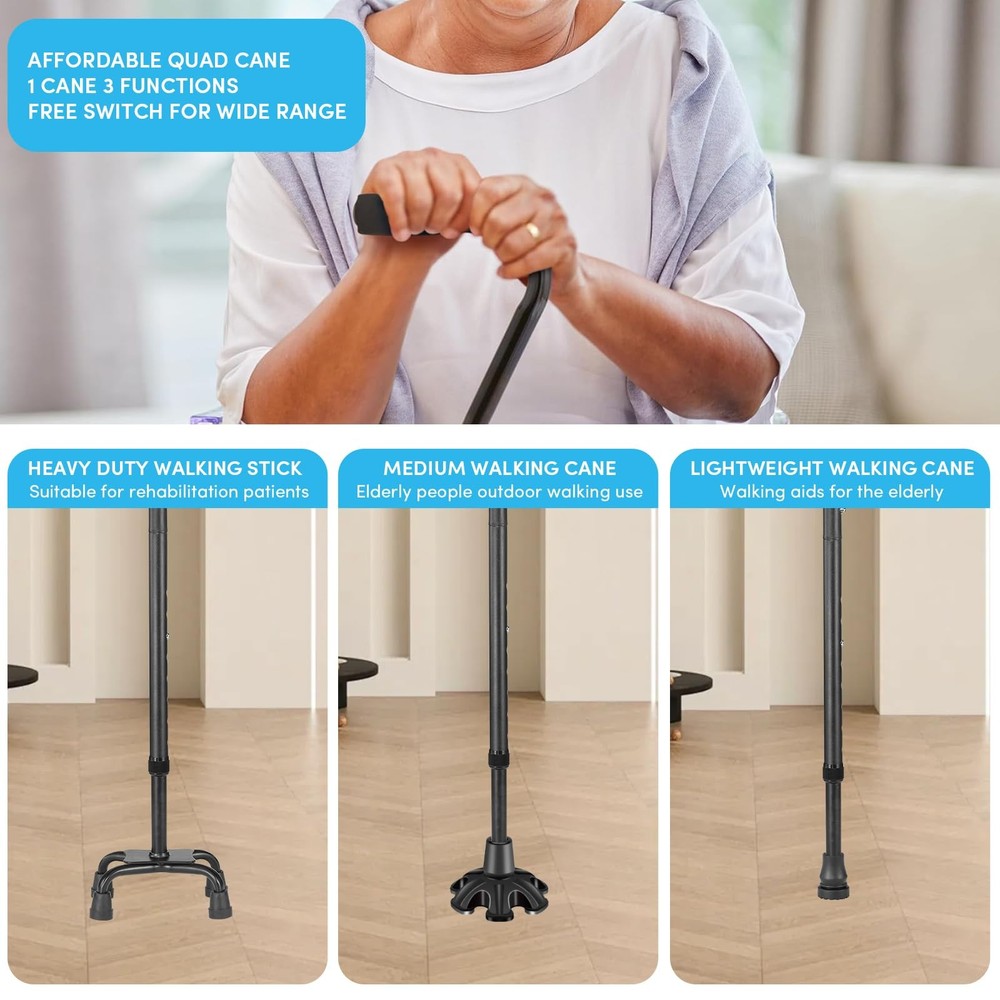 Adjustable Walking Cane, 4-Prong Base, Foldable, Foam Offset Handle, 3 Tips