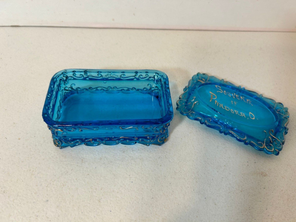 Vintage Blue Glass Trinket Box Souvenir Pandora Ohio