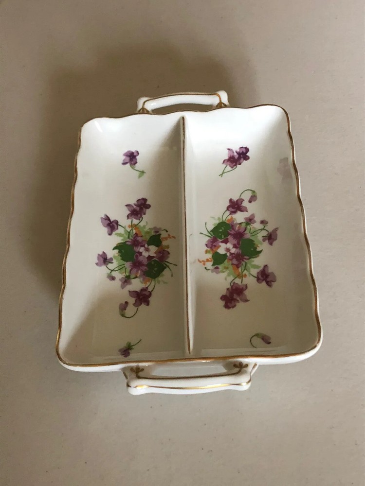 VTG PORCELAIN SWEET VIOLETS DIVIDED RECTANGULAR DOUBLE HANDLE DISH JAPAN 8”