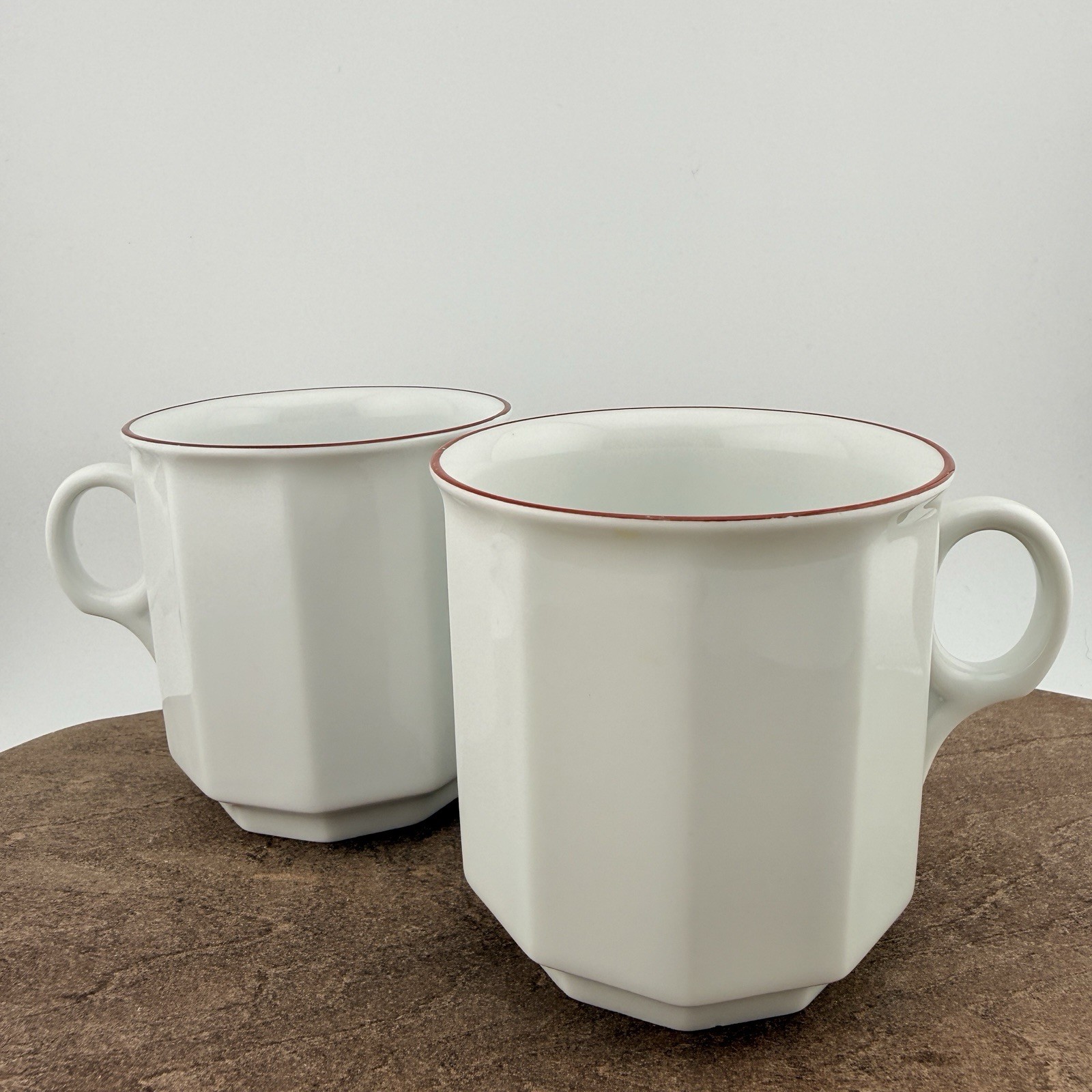 Vintage Porsgrund Norway Octavia Red Rim Coffee Tea Cup Mugs 8oz Faceted Set