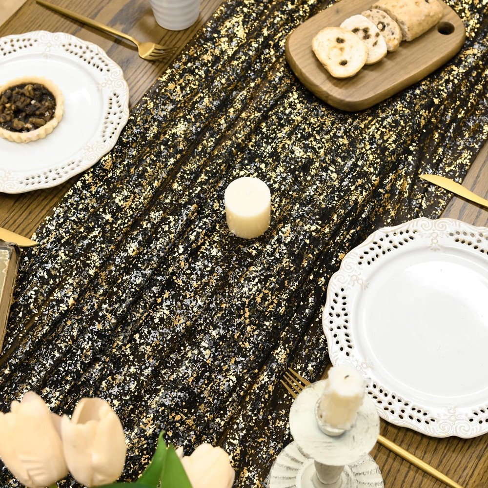 Black Gold Gauze Tablecloth 60x104 Inch Rectangular Sequin Glitter Metallic