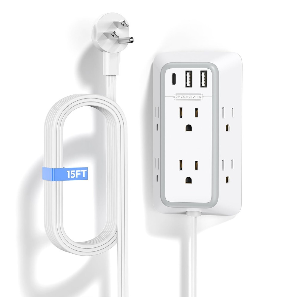 15 ft White Flat Plug Power Strip with USB C Surge Protector Wall Mount