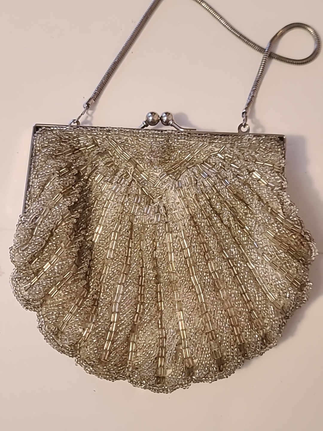 Vintage Beaded Silver Clam Shell Purse Evening Bag Retro Mermaid