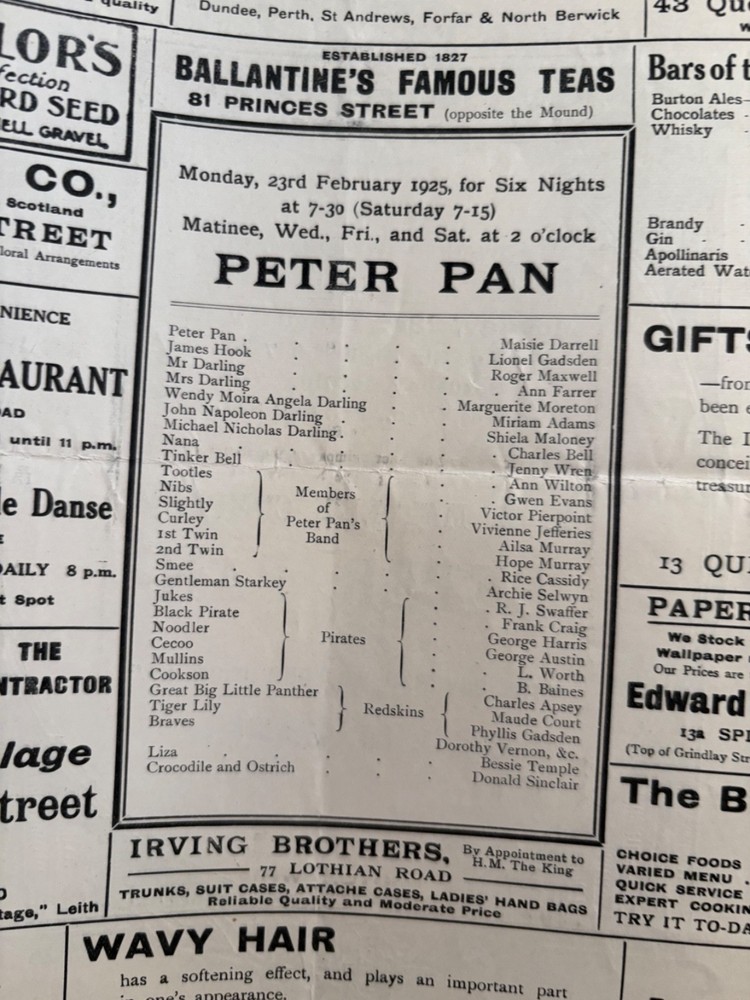 Peter Pan J M Barrie J E Malone 1925 Edinburgh Lyceum Programme
