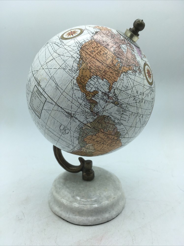 Vtg Desk Top  Metal Globe Stone Base 8”