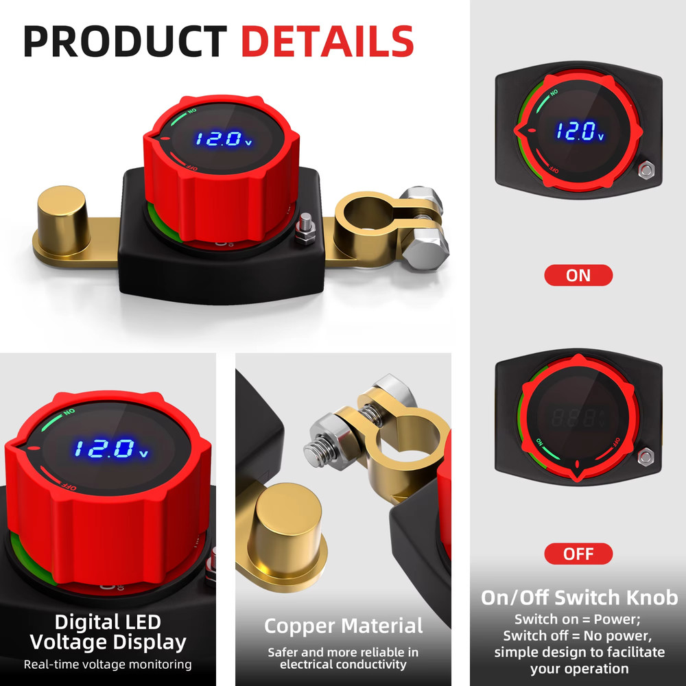 Side Post Battery Disconnect Switch 275A 12-48V LED Voltmeter Cut Off Switch