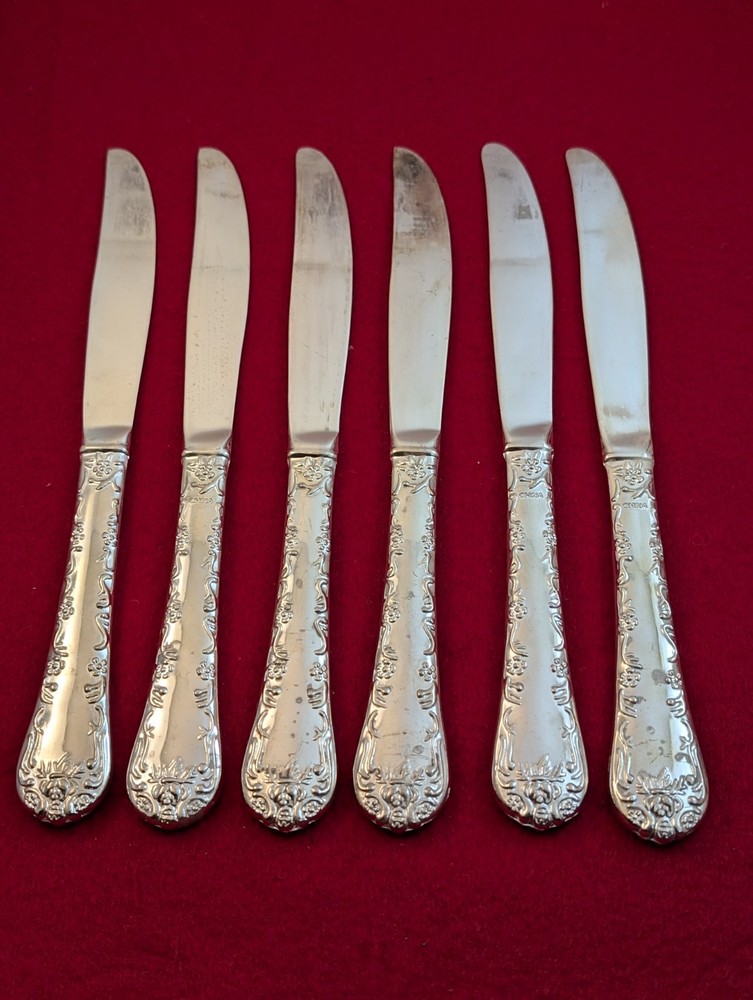 Set Of 6 Enchanted Rose Unmarked SilverPlate Solid Dinner Knives Flatware