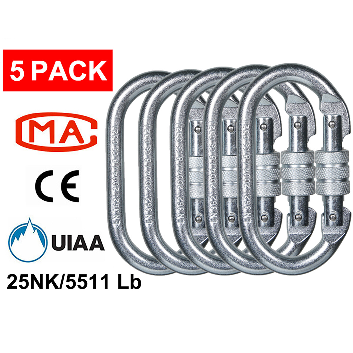 5 Pack Stainless Steel Screw Locking Carabiner Clip 25KN Heavy Duty Springs Hook