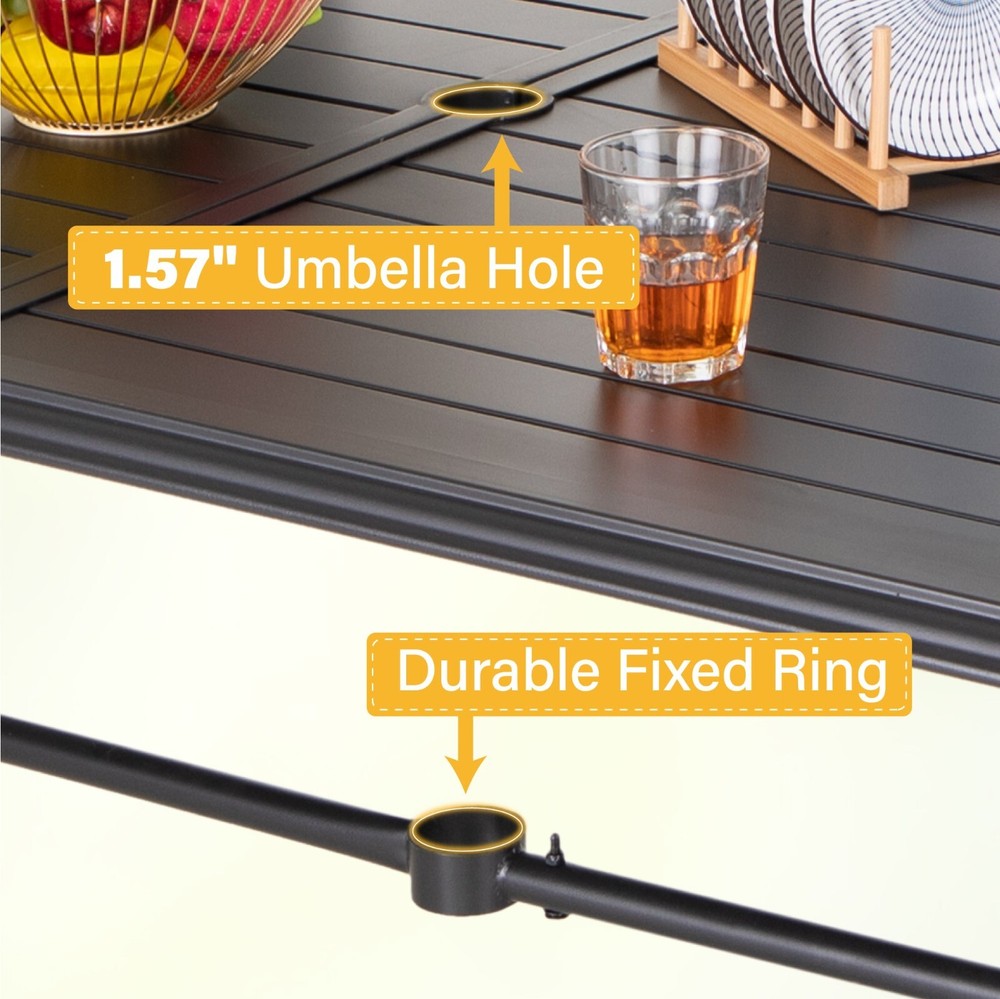 PHI VILLA Patio Dining Table Rectangular Outdoor Table with Umbrella Hole for 6