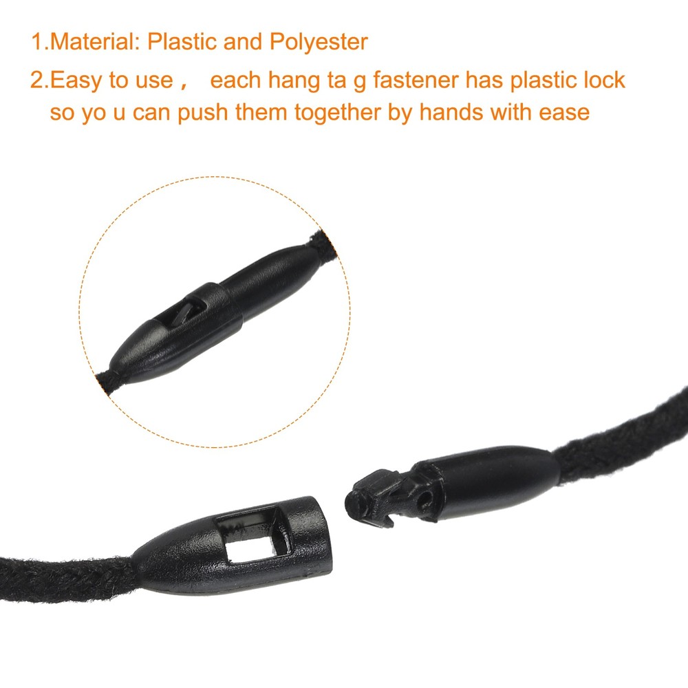 Polyester Rope Hang Tag String Snap Lock 190mm,1.5mm 100 Pcs,Black