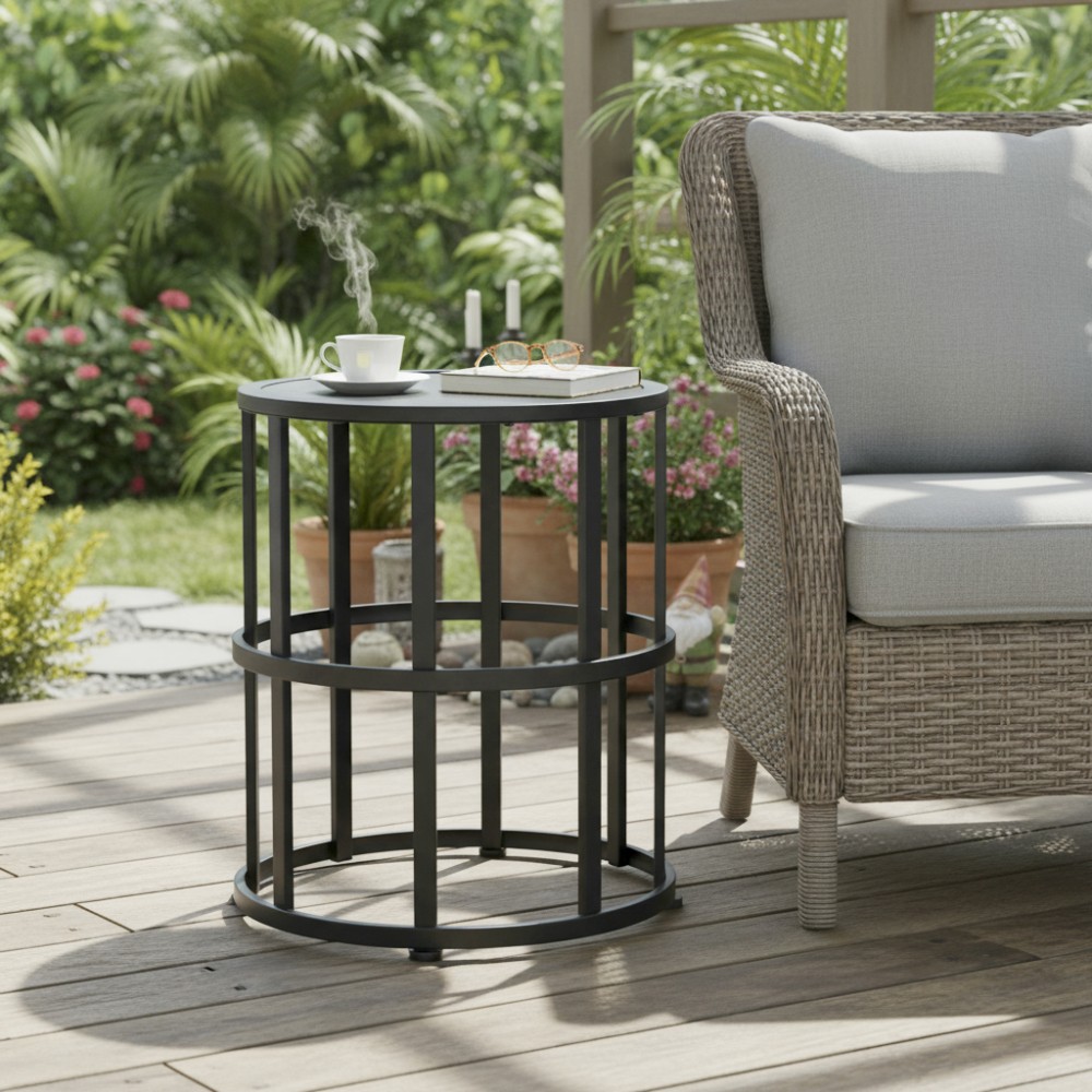 Black Weatherproof Outdoor Ceramic Top Side Accent Table with Iron Frame