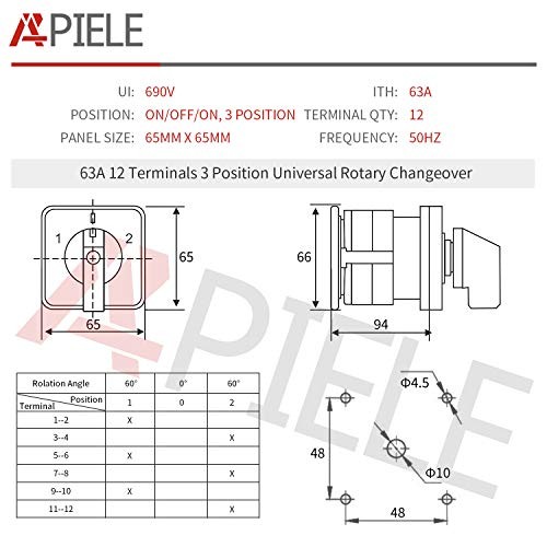 Changeover Selector Switch 3 Position 440V Universal Rotary 63A 12 Terminal