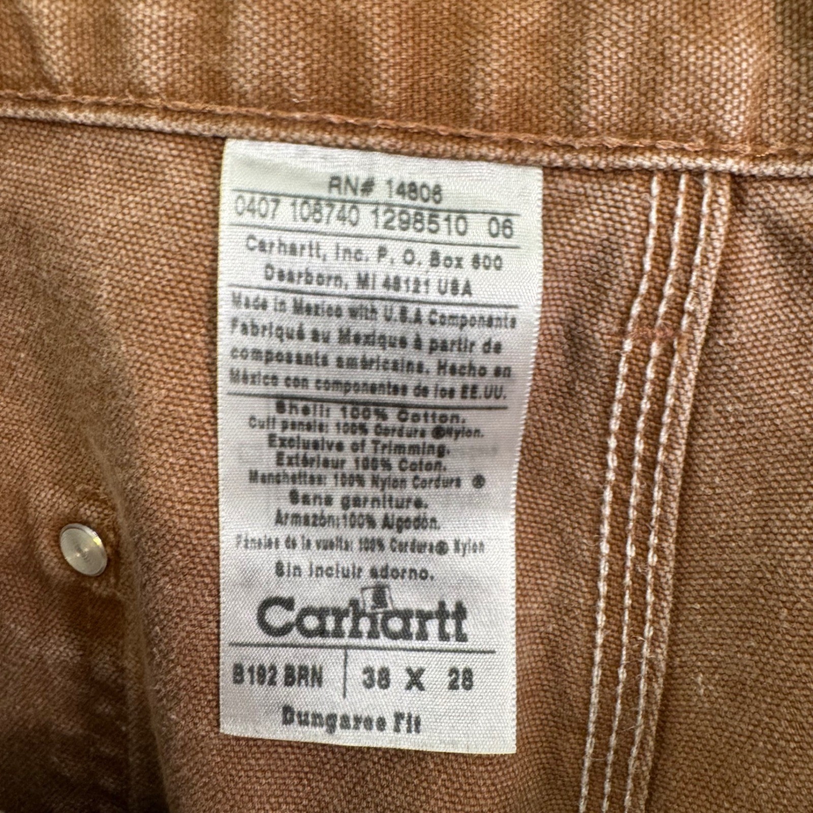 Carhartt B182 BRN Cordura Front Work Dungaree Men 38x27 Duck Double Knee Vintage