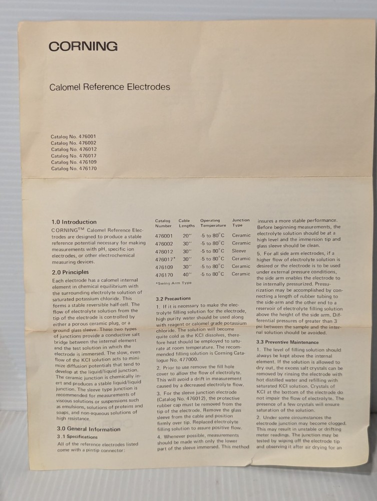 Corning Electrodes 476002 Ph Probe Sensor + Returns