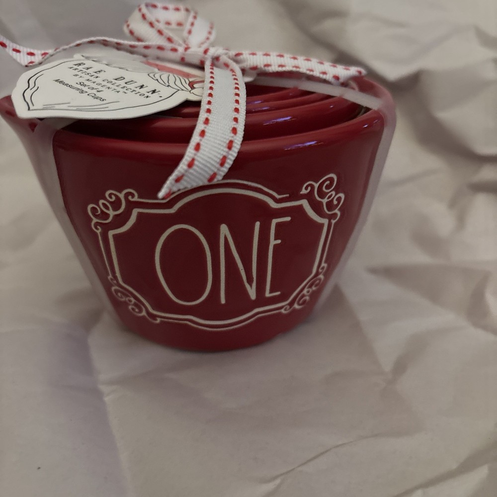 Rae Dunn Red Measuring Cups With White Decorative Trim Set/4 Ceramic