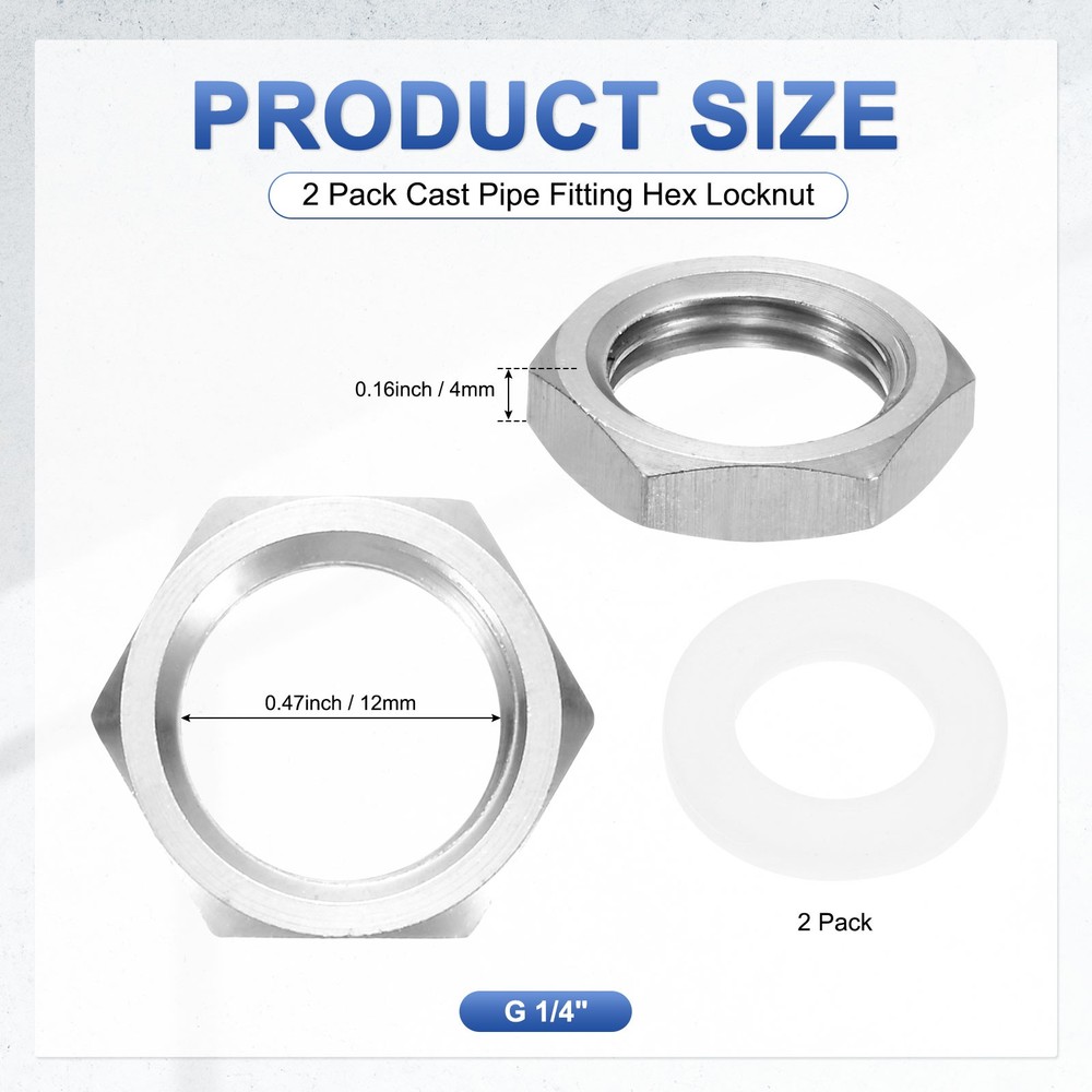 2 Pcs 304 Stainless Steel G 1/4" Thin Pipe Fitting Hex Locknuts with Washer