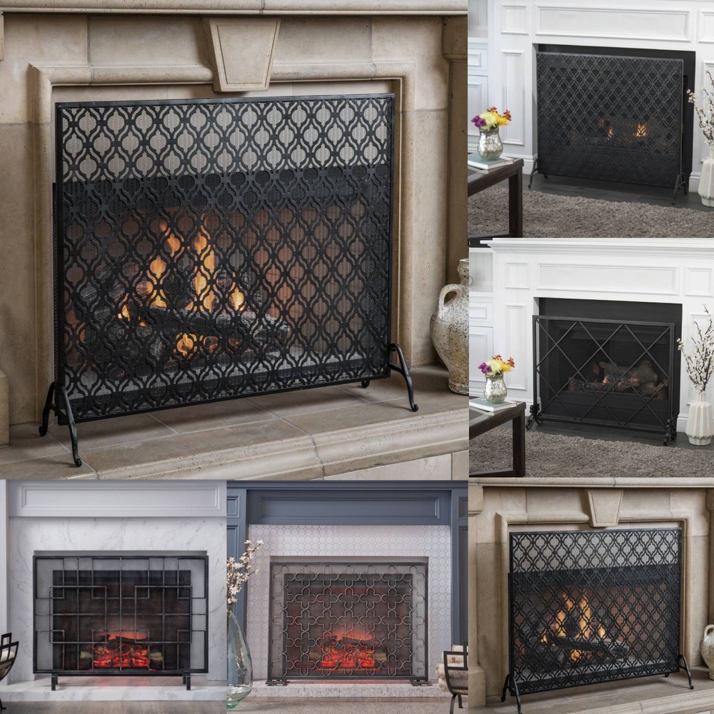 Vintage Fireplace Screen Traditional Scroll Iron Single Panel Mesh Design Screen